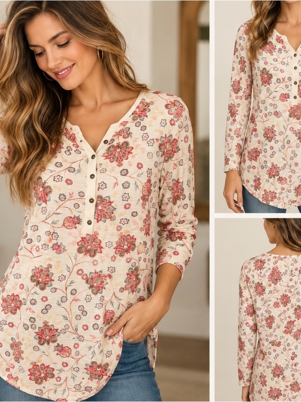 Chaps Women’s Floral Henley Tunic Top Cream Pink Long Sleeve size large